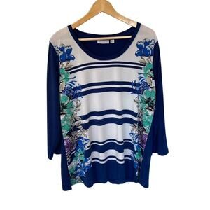 Susan Graver Navy and Green Floral Blouse - Size Large